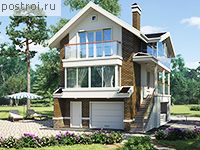 B-163-1P проект двухэтажного дома из пеноблоков с цоколем и мансардой и гаражом размером 11 на 7 