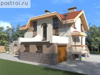 C-243-1K проект двухэтажного дома из кирпича с цоколем и мансардой и гаражом размером 12 на 13 