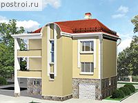 C-264-1P проект двухэтажного дома из газобетона с цоколем и гаражом размером 11 на 12