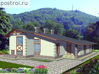 E-191-1P проект одноэтажного коттеджа из пенобетона с цоколем и гаражом размером 14 на 14 