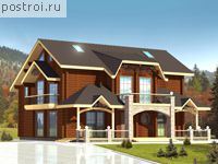 F-400-1D проект двухэтажного деревянного дома из бревна с цоколем и мансардой размером 16 на 21 