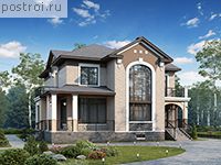 H-395-1P проект двухэтажного коттеджа из газобетона с цоколем размером 14 на 14 