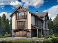 J-280-1P проект двухэтажного дома из пеноблоков с цоколем и гаражом размером 15 на 9 