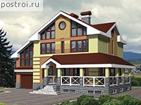 K-306-1P проект трехэтажного коттеджа из пенобетона с цоколем и мансардой и гаражом размером 12 на 16 