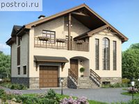 M-253-1P проект двухэтажного коттеджа из пеноблоков с цоколем и гаражом размером 11 на 13 