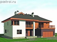 M-493-1K проект двухэтажного дома из кирпича с цоколем и гаражом размером 14 на 17 