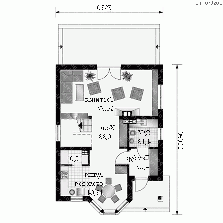A-123-1P проект одноэтажного коттеджа из газобетона с мансардой размером 11 на 8  - 1-й этаж