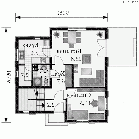 A-124-1K проект одноэтажного коттеджа из кирпича с мансардой размером 9 на 9  - 1-й этаж