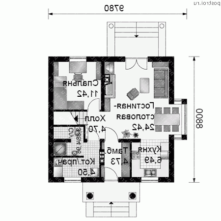 A-127-1P проект одноэтажного коттеджа из газобетона с мансардой размером 9 на 10  - 1-й этаж