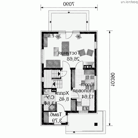 A-128-1K проект одноэтажного коттеджа из кирпича с мансардой размером 10 на 7 - 1-й этаж A-128-1K проект одноэтажного коттеджа из кирпича с мансардой размером 10 на 7 - 1-й этаж