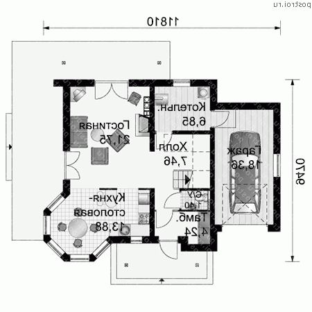 A-134-1P проект одноэтажного дома из газобетона с мансардой и гаражом размером 9 на 12  - 1-й этаж