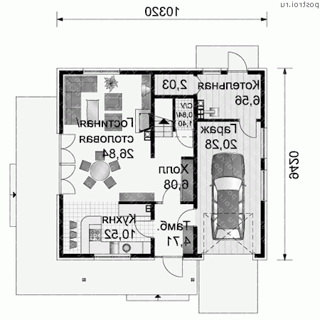 A-160-1P проект одноэтажного дома из пеноблоков с мансардой и гаражом размером 9 на 10  - 1-й этаж