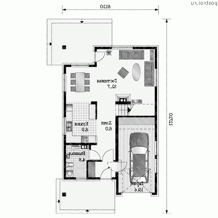 A-164-1P проект одноэтажного дома из пеноблоков с мансардой и гаражом размером 13 на 8  - 1-й этаж