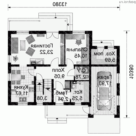 A-167-1P проект одноэтажного дома из пеноблоков с мансардой и гаражом размером 10 на 13  - 1-й этаж