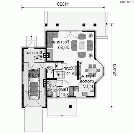 A-174-1P проект одноэтажного дома из пеноблоков с мансардой и гаражом размером 12 на 12  - 1-й этаж