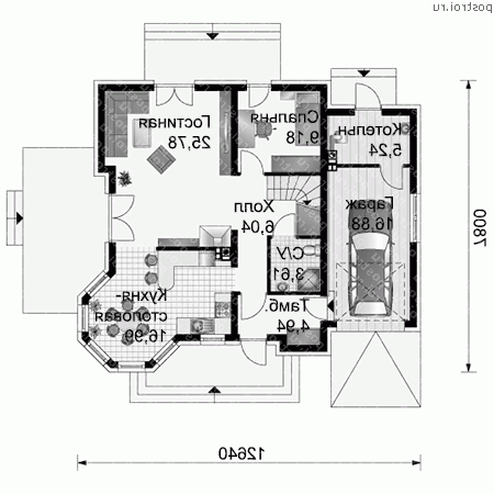 A-182-1P проект одноэтажного дома из пеноблоков с мансардой и гаражом размером 8 на 13  - 1-й этаж