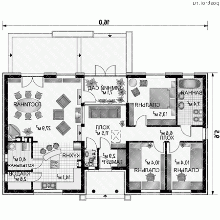 A-183-1K проект одноэтажного коттеджа из кирпича размером 10 на 16  - 1-й этаж