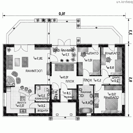 A-195-1P проект одноэтажного коттеджа из пенобетона размером 10 на 16  - 1-й этаж