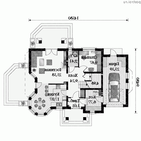 A-197-1P проект одноэтажного коттеджа из пенобетона с мансардой и гаражом размером 9 на 15  - 1-й этаж