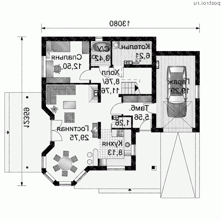 A-204-1P проект одноэтажного дома из пенобетона с мансардой и гаражом размером 12 на 13  - 1-й этаж