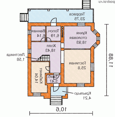 A-208-1P проект двухэтажного дома из пеноблоков размером 12 на 11  - 1-й этаж