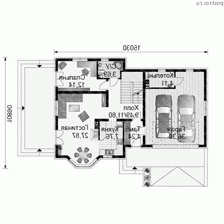 A-218-1P проект одноэтажного дома из пенобетона с мансардой и гаражом размером 11 на 15  - 1-й этаж