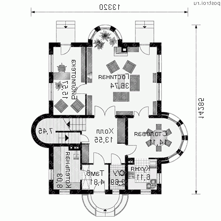 A-222-1P проект одноэтажного коттеджа из газобетона с мансардой размером 14 на 13  - 1-й этаж