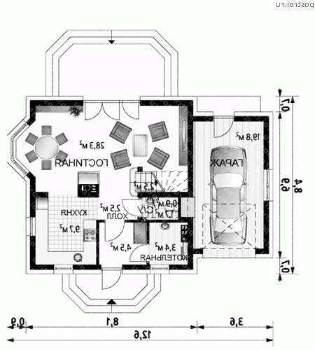 A-233-1P проект одноэтажного дома из газобетона с мансардой и гаражом размером 8 на 13  - 1-й этаж
