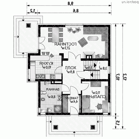 A-236-1K проект двухэтажного коттеджа из кирпича размером 12 на 10 - 1-й этаж A-236-1K проект двухэтажного коттеджа из кирпича размером 12 на 10 - 1-й этаж
