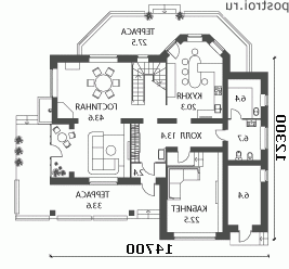 A-245-1P проект двухэтажного дома из газобетона размером 12 на 15 - 1-й этаж A-245-1P проект двухэтажного дома из газобетона размером 12 на 15 - 1-й этаж