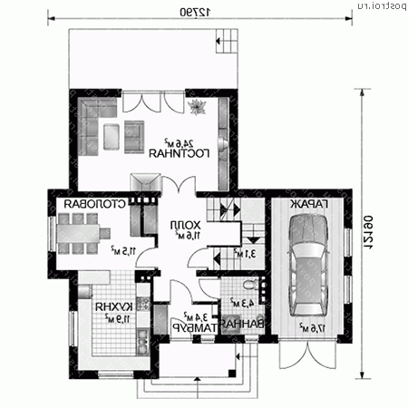 A-249-1P проект двухэтажного дома из газобетона с подвалом и мансардой и гаражом размером 12 на 13  - 1-й этаж