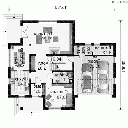 A-254-1P проект одноэтажного коттеджа из пеноблоков с мансардой и гаражом размером 13 на 16  - 1-й этаж