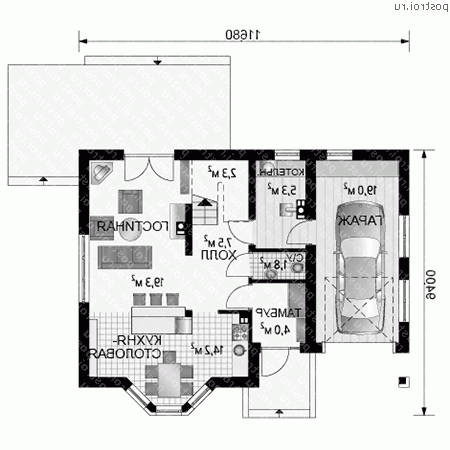 A-255-1P проект одноэтажного коттеджа из пеноблоков с мансардой и гаражом размером 9 на 12  - 1-й этаж