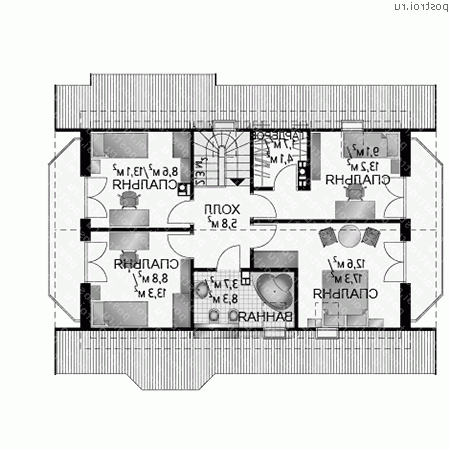 A-255-1P проект одноэтажного коттеджа из пеноблоков с мансардой и гаражом размером 9 на 12  - мансарда