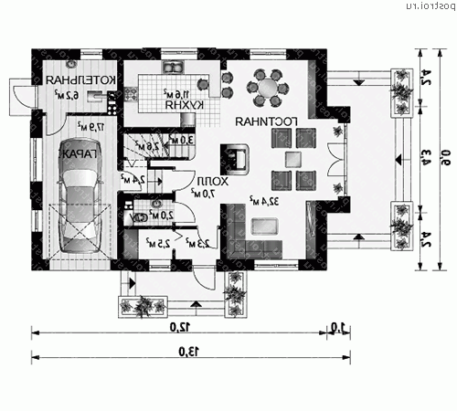 A-259-1K проект одноэтажного дома из кирпича с мансардой и гаражом размером 9 на 13  - 1-й этаж