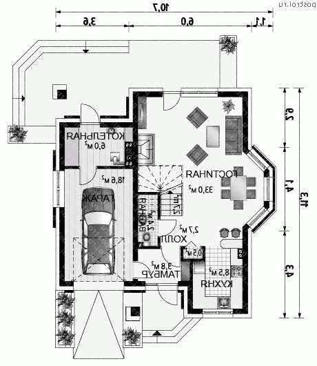 A-266-1P проект одноэтажного дома из пеноблоков с мансардой и гаражом размером 11 на 11  - 1-й этаж