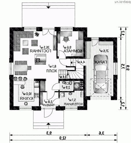 A-277-1K проект одноэтажного дома из кирпича с мансардой и гаражом размером 10 на 13  - 1-й этаж