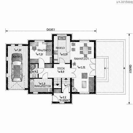 A-279-1K проект одноэтажного дома из кирпича с мансардой и гаражом размером 11 на 14  - 1-й этаж