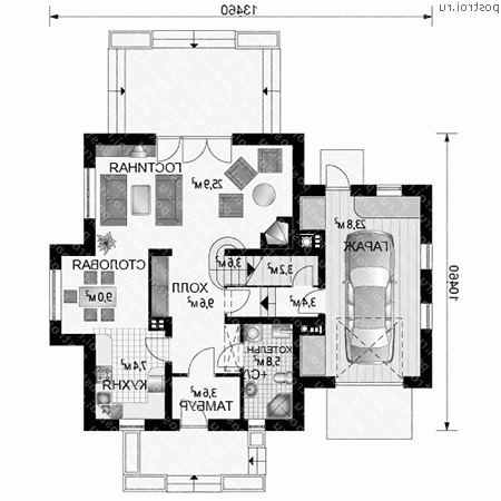 A-282-1P проект одноэтажного дома из пеноблоков с мансардой и гаражом размером 10 на 13  - 1-й этаж
