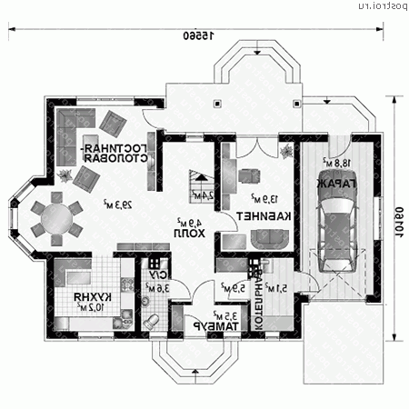 A-293-1P проект одноэтажного дома из пеноблоков с мансардой и гаражом размером 16 на 10  - 1-й этаж
