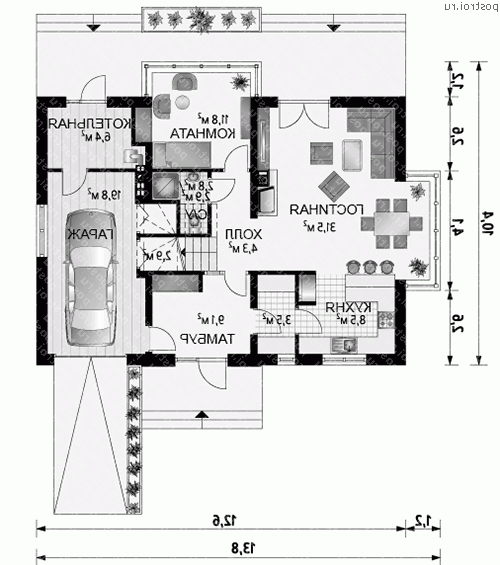 A-297-1P проект одноэтажного дома из пеноблоков с мансардой и гаражом размером 10 на 14  - 1-й этаж