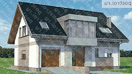 A-297-1P проект одноэтажного дома из пеноблоков с мансардой и гаражом размером 10 на 14  - вид спереди