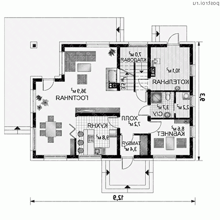 A-298-1P проект одноэтажного дома из пеноблоков с мансардой размером 9 на 13  - 1-й этаж