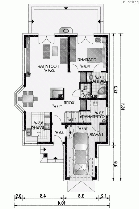 A-303-1P проект одноэтажного дома из пенобетона с мансардой и гаражом размером 16 на 10  - 1-й этаж