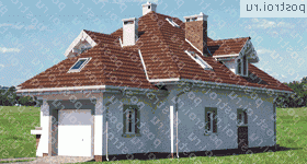 A-303-1P проект одноэтажного дома из пенобетона с мансардой и гаражом размером 16 на 10  - вид слева