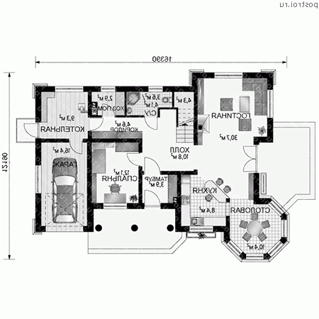 A-305-1P проект одноэтажного коттеджа из пенобетона с мансардой и гаражом размером 12 на 16  - 1-й этаж