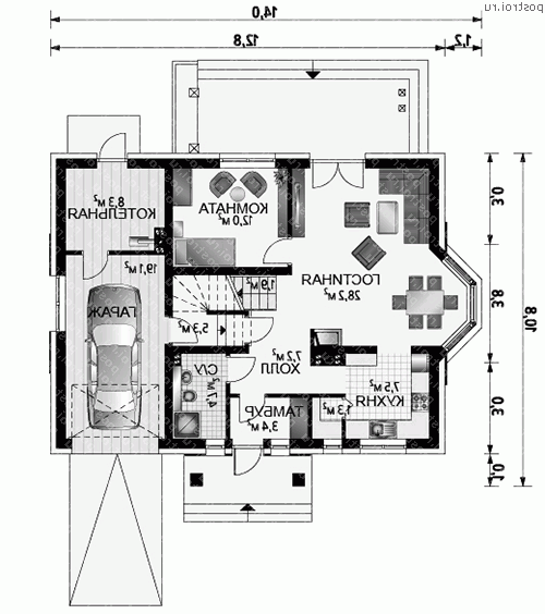 A-306-1P проект одноэтажного коттеджа из пенобетона с мансардой и гаражом размером 11 на 14  - 1-й этаж