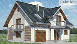 A-306-1P проект одноэтажного коттеджа из пенобетона с мансардой и гаражом размером 11 на 14  - вид спереди
