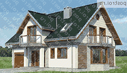 A-306-1P проект одноэтажного коттеджа из пенобетона с мансардой и гаражом размером 11 на 14  - вид слева