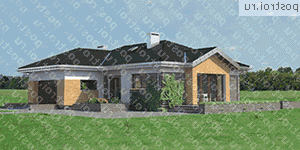 A-315-1P проект одноэтажного дома из пеноблоков с гаражом размером 18 на 16  - вид спереди